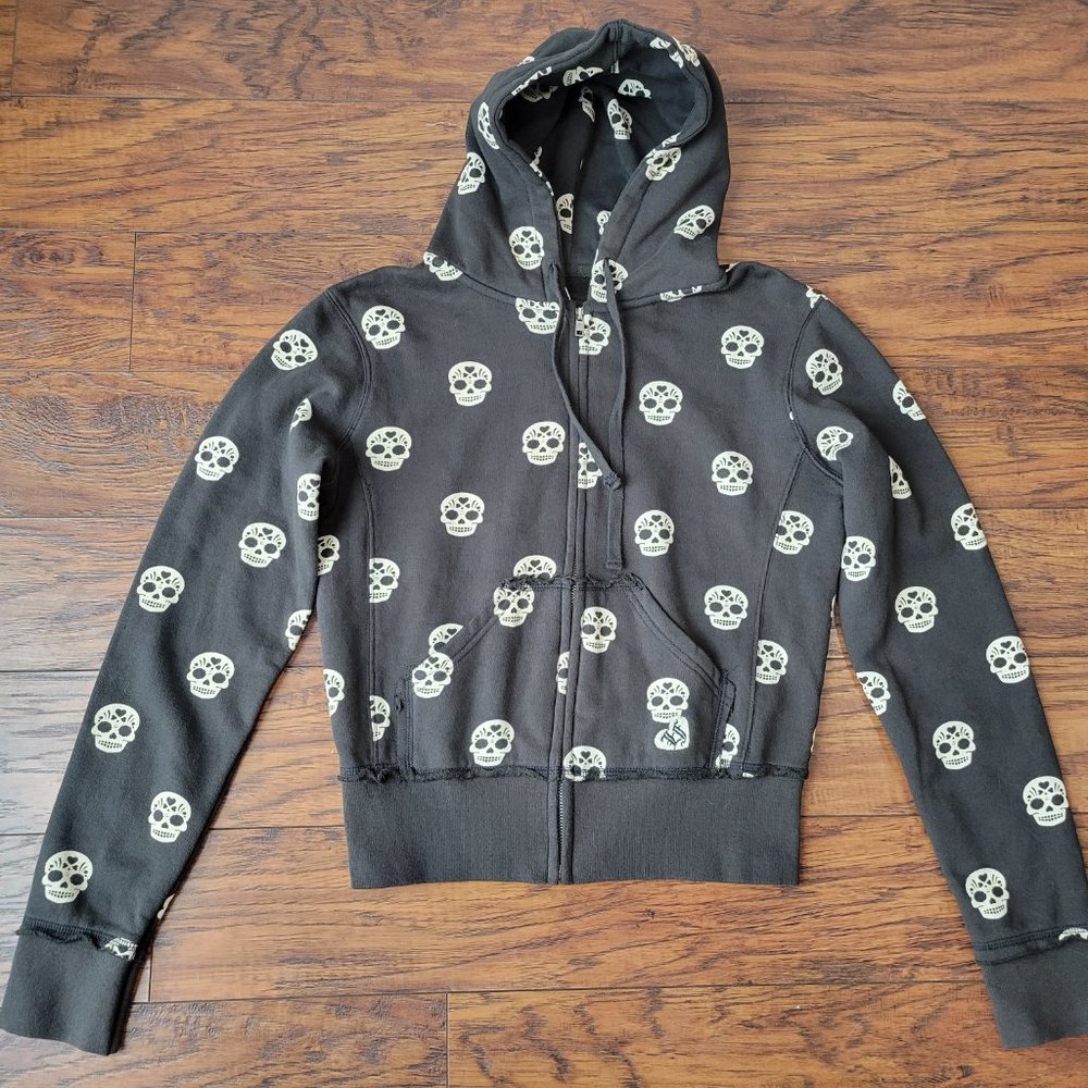 LOUNGEFLY Black Tan All-Over Sugar Skull Print Zip-Up Hoodie sz S EUC Goth Punk - Picture 3 of 6